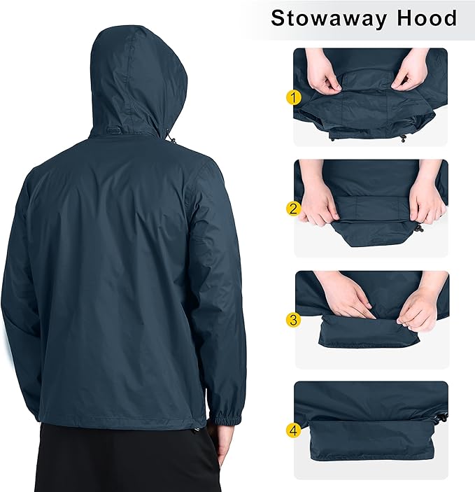Outdoor Ventures Men's Rain Jacket Waterproof Lightweight Packable Rain Shell Raincoat with Hood for Golf Hiking Travel