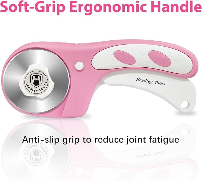 Headley Tools Rotary Cutter 60mm Upgraded with Bearing Design for Smoother and deeper cutting, Ergonomic Handle Rolling Cutter with Safety Lock for Fabric, Fabric, Leather, Crafting, Sewing, Pink