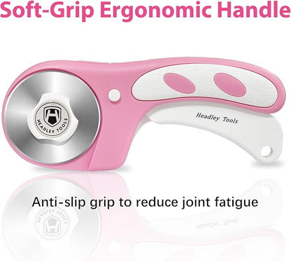 Headley Tools Rotary Cutter 60mm Upgraded with Bearing Design for Smoother and deeper cutting, Ergonomic Handle Rolling Cutter with Safety Lock for Fabric, Fabric, Leather, Crafting, Sewing, Pink