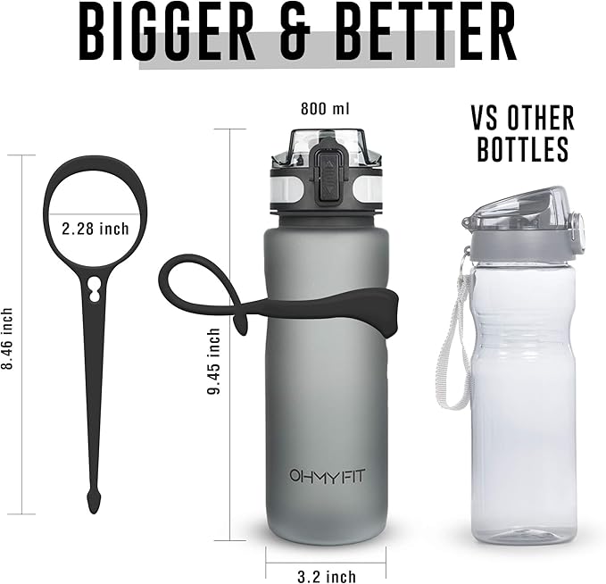 Tritan Sports Water Bottle with Magnetic Silicone Carry Strap & One Click Open Cap - Magnetic Drink Holder for Metal Equipment - Bottle w/Straps for Backpack, Belt & More (30oz, Onyx Black)