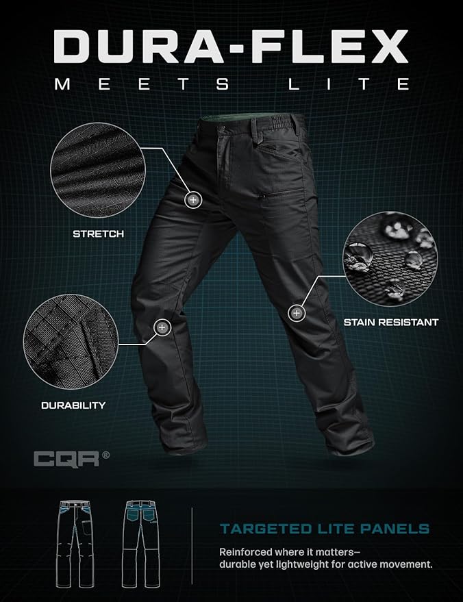 CQR Men's Flex Stretch Tactical Pants, Water Resistant Ripstop Cargo Pants, Lightweight EDC Outdoor Work Hiking Pants