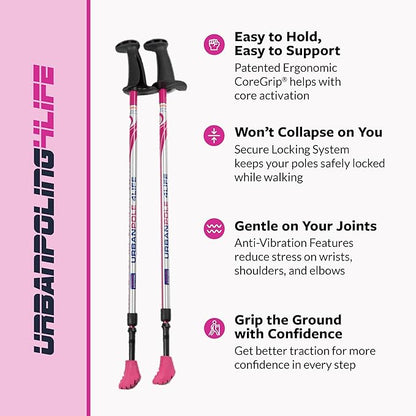 Urban Poling 4LIFE Urban Poles – 1 Pair – Fitness Edition – Patented Ergonomic CoreGrip™ for Stability – Adjustable, Collapsible, Lightweight for Comfort