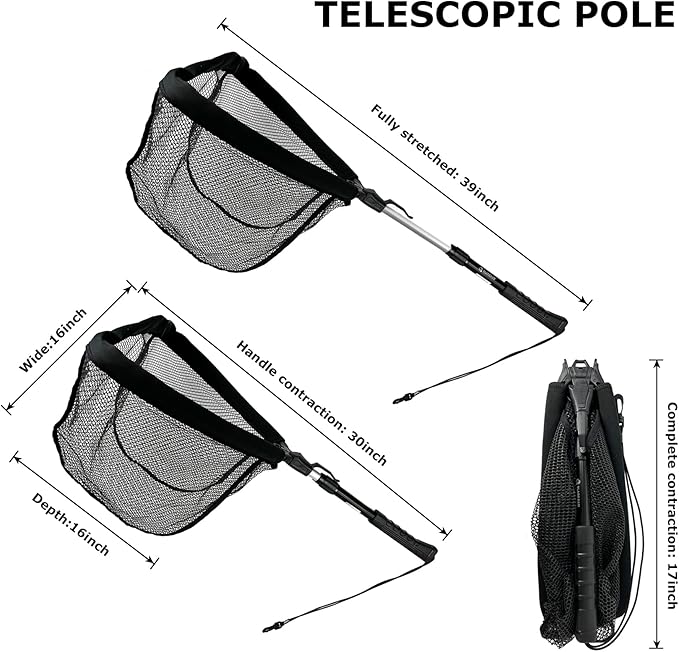 Black Paw Floating Fishing Net - Telescopic Foldable Fish Landing Net with Adjustable Mesh Head, Built in Length Scale