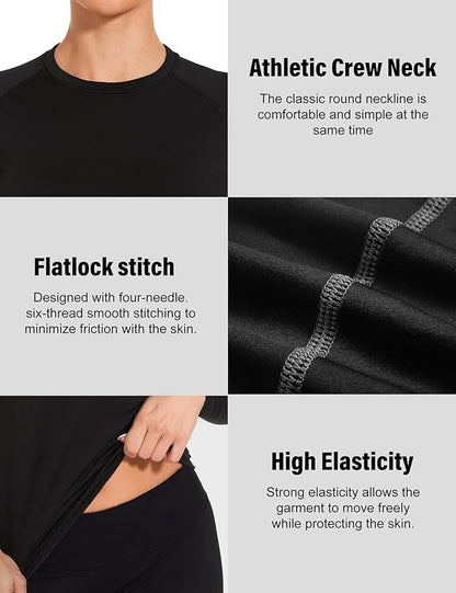 Womens Thermal Compression Long Sleeve Shirts Fleece Lined Tops Crew Neck Slim Fit Base Layer Ladies Underwear