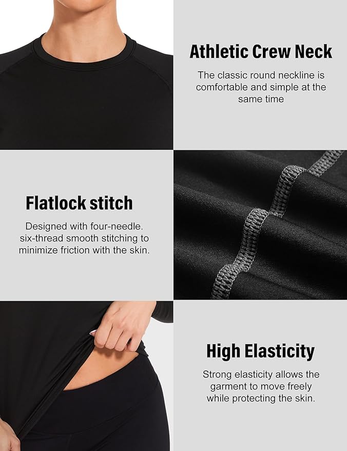 Womens Thermal Compression Long Sleeve Shirts Fleece Lined Tops Crew Neck Slim Fit Base Layer Ladies Underwear