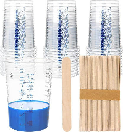 50 PACK Plastic Paint Mixing Cups, 20 oz (600ml) Disposable Liquid Measuring Cups with 50 Wooden Mixing Sticks, Measurement ratios: 2:1, 3:1, 4:1, Perfect for Epoxy Resin, Paint Mixing