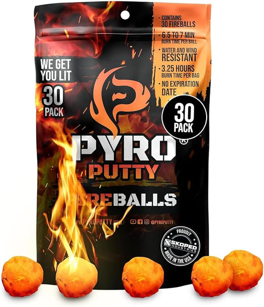 Pyro Putty Fire Balls: Fire Plugs Fire Starter with 7 Minute Burn Time, Waterproof, Weatherproof Emergency Kit Survival Gear Essential - 30 Pack