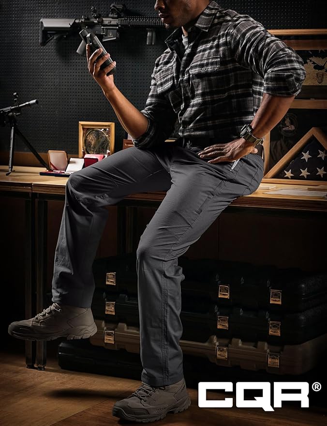 CQR Men's Flex Stretch Tactical Pants, Water Resistant Ripstop Cargo Pants, Lightweight EDC Outdoor Work Hiking Pants