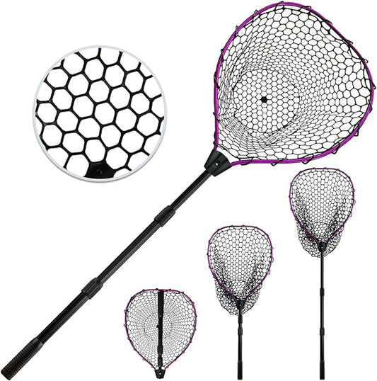 Telescoping Metal Lock Fishing Net with Handle Red Green 64" 52" 3-Section Rubber Fish Net - Adjustable Length Lightweight Foldable Large Big Collapsible Extendable Fishing Net