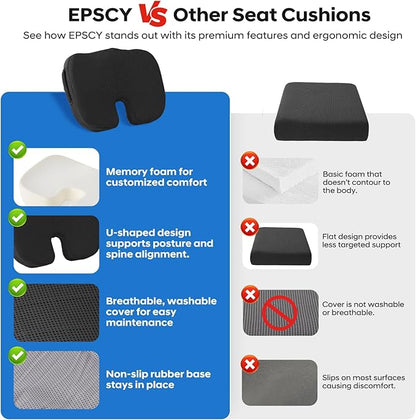 EPSCY Memory Foam Seat Cushion, Black, Ergonomic Comfort for Office Chair, Car, Airplane & Bleacher, U-Shaped Design for Enhanced Support & Comfort, Portable, Non-Slip, Washable Cover for Everyday Use
