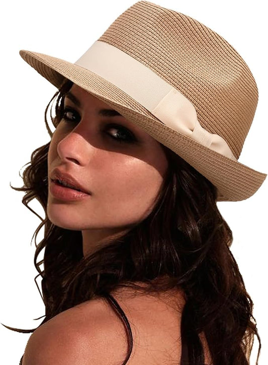 DRESHOW Women Straw Sun Hat Short Brim Panama Travel Fedora Beach Cap Roll up Summer Hat for Women Men UPF 50+