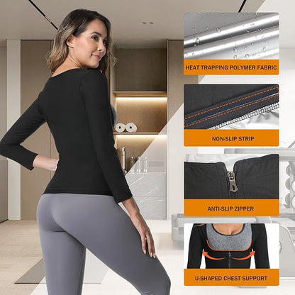 Sauna Suit for Women Heat Trapping Long Sleeve Sweat Suit Weight Loss Waist Trainer Workout Body Shaper with Zipper