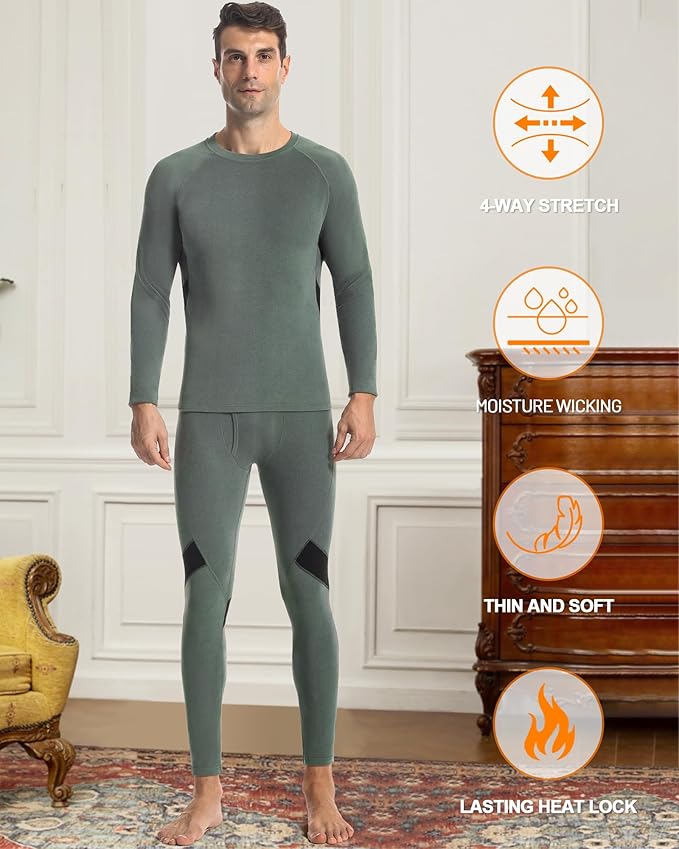 Runhit Mens Thermal Underwear Set：Fleece Lined Long Johns for Men Thermal Shirts and Pants Base Layer Cold Weather Thermals