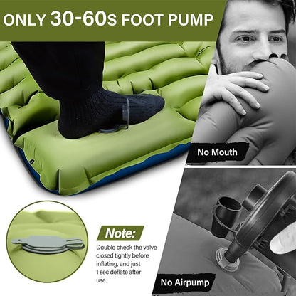 Camping Sleeping Pad, Ultralight Camping Mat with Pillow, Built-in Foot Pump Inflatable Sleeping Pads Compact for Camping Backpacking Hiking Traveling Tent,Single,Green.