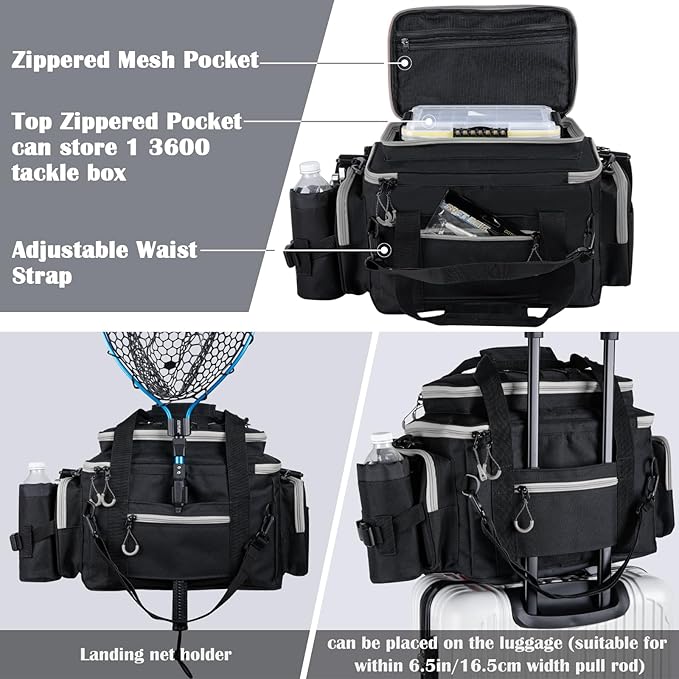 Goture Fishing Tackle Bag, Store Up to 4PCS 3700 Plus 2PCS 3600 Tackle Trays(Not Included), 600D Soft Side Gear Fishing Bag with Rod Straps,Detachable Water Bottle Pouch,Waterproof Bottom,SBS Zippers