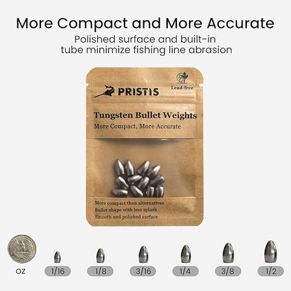 Pristis 12 pcs Tungsten Fishing Weights, Compact Bullet Sinkers Kit for Fishing line, Drop Shot Texas Carolina Rig Hook Weight for Bass Walleye Perch Trout Crappie Bait