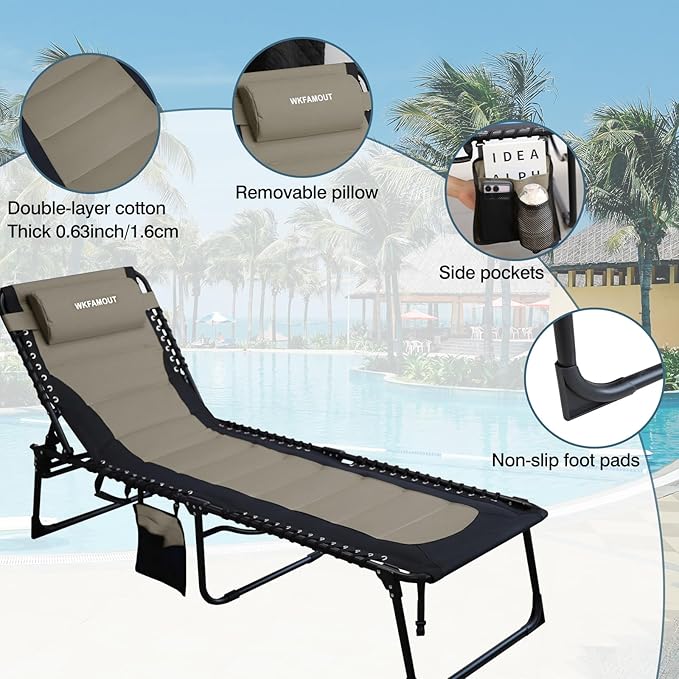 Oversized Padded Outdoor Folding Lounge Chair for Adults 330Ibs Patio Chaise Lounge Chair for Outside Adjustable 5-Position Reclining Beach Chair with Pillow Pocket