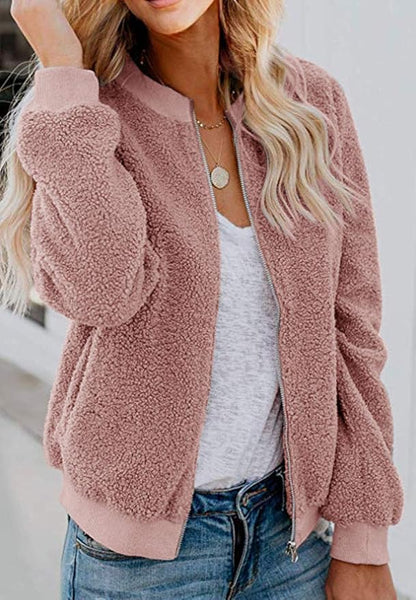 MIROL Women's Fall Trendy Fleece Jacket Faux Sherpa Fuzzy Casual Long Sleeve Zip Up Loose Fit Bomber Winter Coat