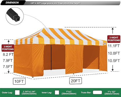 ABCCANOPY Heavy Duty Easy Pop up Canopy Tent with Sidewalls 10x20,Strip Orange