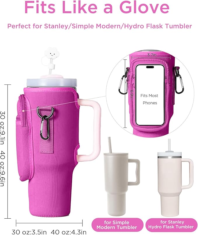 dabria Water Bottle Carrier Bag with Phone Pocket for Stanley 40/30 oz Tumbler Neoprene Water Bottle Holder Pouch with Adjustable Strap Bollus with Straw Cover & Carabiner for Stanley Cup Accessories