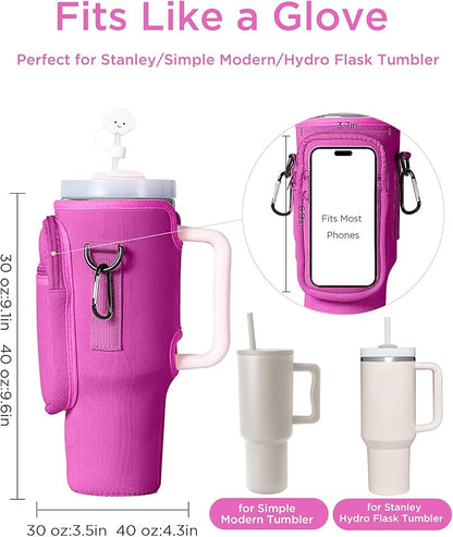 dabria Water Bottle Carrier Bag with Phone Pocket for Stanley 40/30 oz Tumbler Neoprene Water Bottle Holder Pouch with Adjustable Strap Bollus with Straw Cover & Carabiner for Stanley Cup Accessories