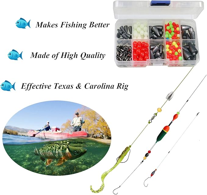 THKFISH Texas and Carolina Fishing Rig Bass Fishing Bullet-Weights for Fishing Sinkers Hooks Rolling Barrel Fishing Swivels Beads Rings Fishing Tackle Kit 35pcs/339pcs/389pcs