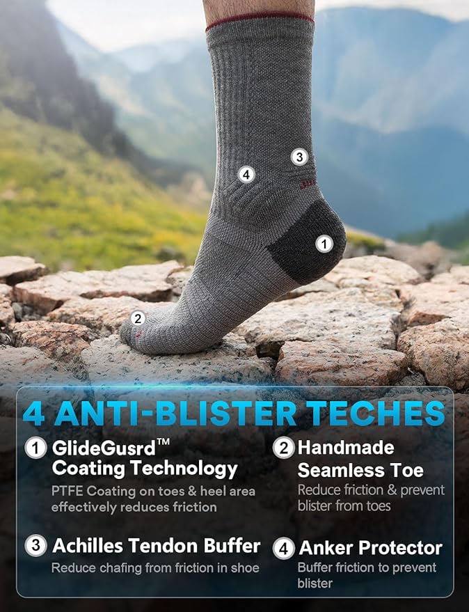 Merino Wool seamlsee Hiking Socks Moisture Wicking Anti-Blister Breathable Cushioned Compression Mens