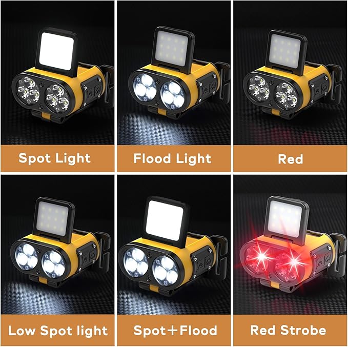 LED Hard Hat Light, 2 pcs Dimmable Clip on Cap Lights, Headlamp Rechargeable, 180°Adjustable Hands Free Hat Flashlight Headlamp Waterproof for Hiking, Running, Fishing, Cycling, Emergency (Yellow)