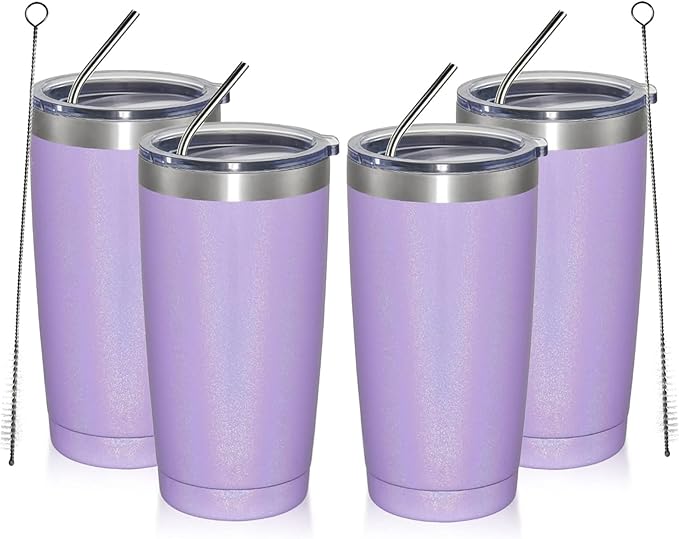 MEWAY 20oz Tumbler 4 Pack Double Wall Vacuum Insulated Travel Glitter Mug Bulk, Stainless Steel Tumblers with Lid and Straw, Powder Coated Coffee Cups for Woman(Rainbow Purple,Set of 4)