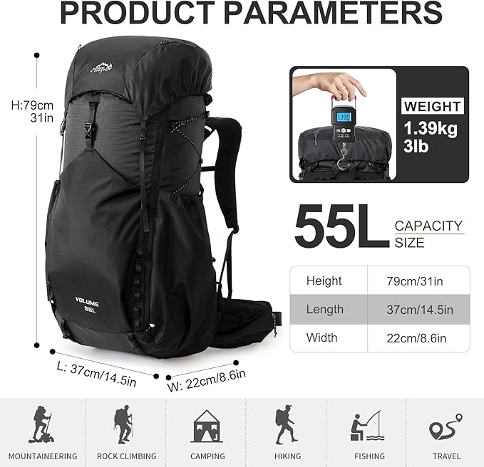 55L Internal Frame Waterproof Hiking Camping Backpack with 3L Water Bladder and Rain Cover, Large Lightweight Travel Daypack Rucksack for Climbing (8120 Black)
