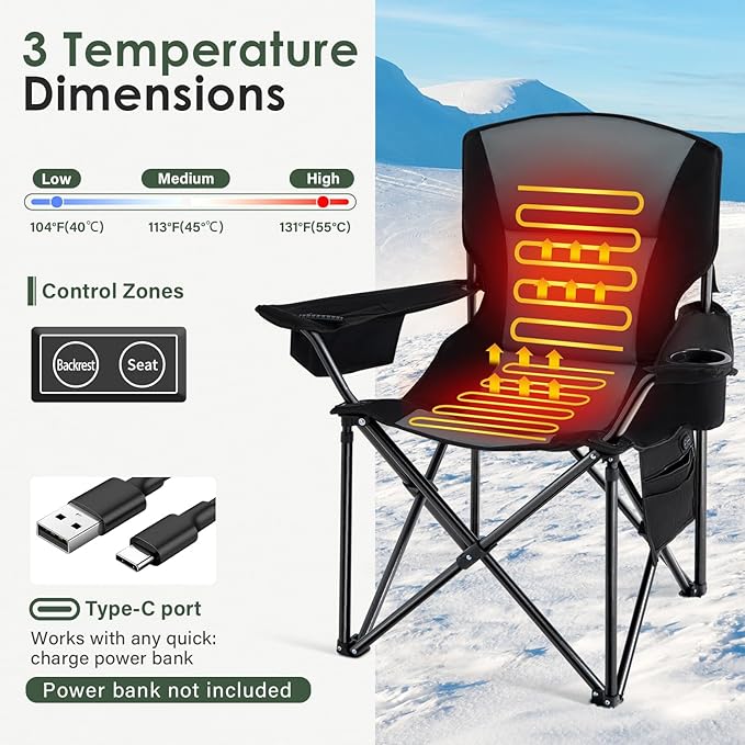 Homcosan Heated Camping Chair for Adults, Portable Outdoor Chairs with 3 Heat Levels, Oversized Foldable Lawn Chairs Without Power Bank, Perfect for Camping, Outdoor Sports, Picnics, Fishing (Grey)