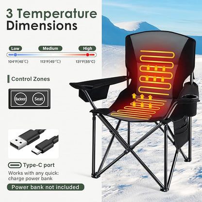 Homcosan Heated Camping Chair for Adults, Portable Outdoor Chairs with 3 Heat Levels, Oversized Foldable Lawn Chairs Without Power Bank, Perfect for Camping, Outdoor Sports, Picnics, Fishing (Grey)