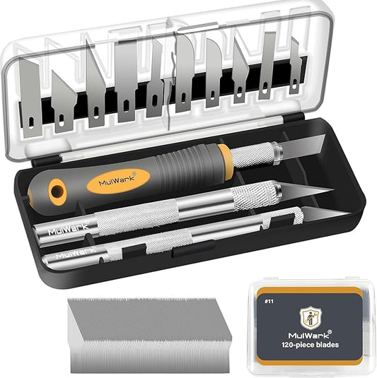 MulWark 136-Piece Precision Hobby Knife Set with Blade Storage Magnetic Handle - Portable Exacto Knife for Modeling & Crafting, Includes Chiseling, Stencil Edge & Fine Point Blades, 120#11 Blades