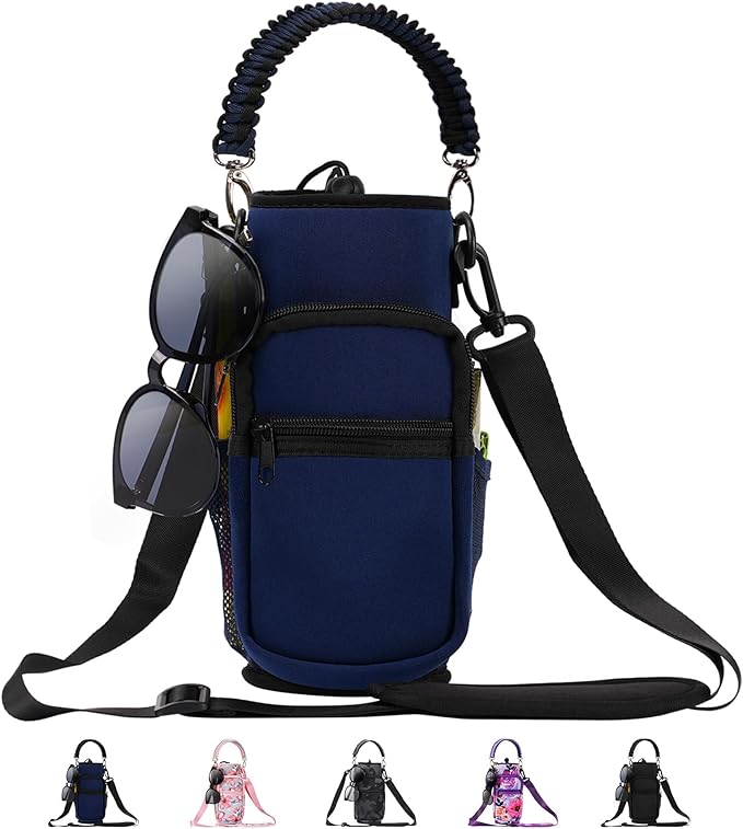 32/40/64/87/128 oz Water Bottle Carrier Bag, Neoprene Water Bottle Sleeve with 4 Pocket, Sport Water Holder with Paracord Handle and Shoulder Strap for Walking Hiking Camping Gym
