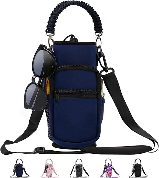 32/40/64/87/128 oz Water Bottle Carrier Bag, Neoprene Water Bottle Sleeve with 4 Pocket, Sport Water Holder with Paracord Handle and Shoulder Strap for Walking Hiking Camping Gym