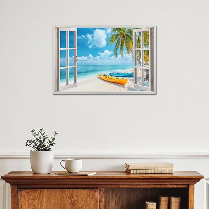 ANRUOXI Beach Wall Art, Window Frame Style Canvas Wall Decor Ocean, Blue Sea & Tropical Palm Tree Coasts Boats Canvas, Paradise Scenery Nature Landscape Painting for Living Room Office Home 12x18 Inch