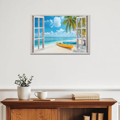 ANRUOXI Beach Wall Art, Window Frame Style Canvas Wall Decor Ocean, Blue Sea & Tropical Palm Tree Coasts Boats Canvas, Paradise Scenery Nature Landscape Painting for Living Room Office Home 12x18 Inch
