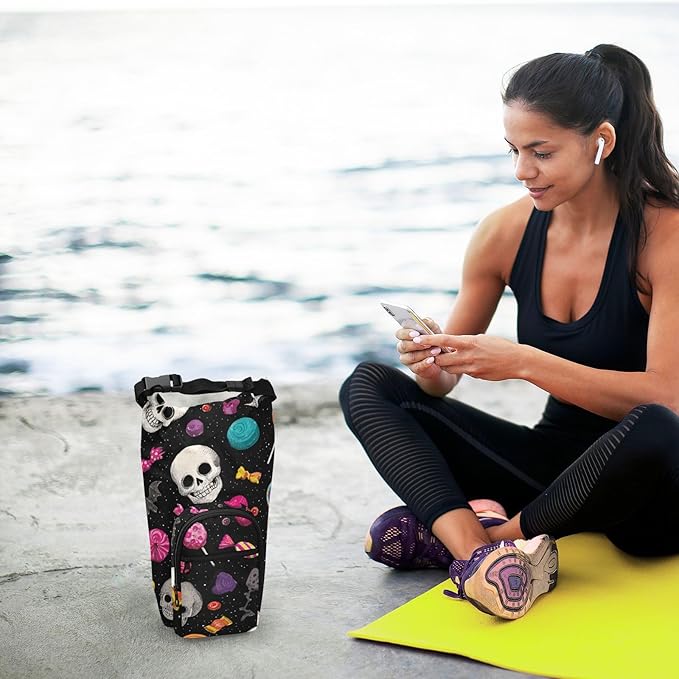 Halloween Skulls Lollipops Bats Water Bottle Holder with Strap Insulated Water Bottle Carrier Crossbody Bags Pouch with Phone Pocket for Travel Gym Hiking Walking Running