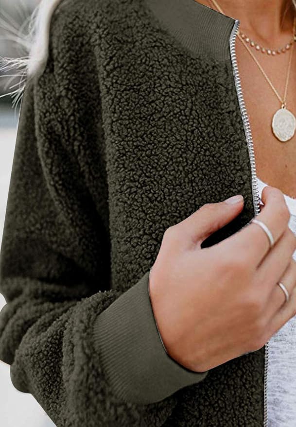 MIROL Women's Fall Trendy Fleece Jacket Faux Sherpa Fuzzy Casual Long Sleeve Zip Up Loose Fit Bomber Winter Coat