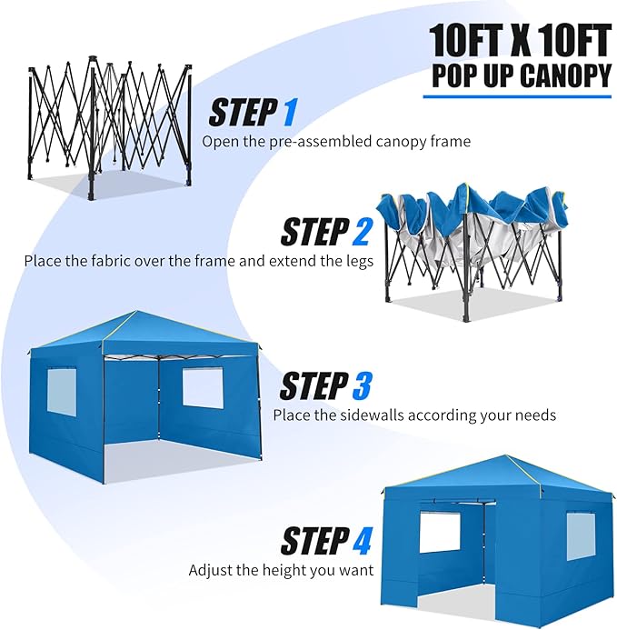 Alishebuy 10x10 Pop Up Canopy Tent with 4 Removable Sidewalls 2.0, Waterproof Commercial Instant Gazebo Tent Outdoor Canopy Tents for Party/Exhibition/Picnic with Carry Bag,4 Stakes & Ropes (Blue)