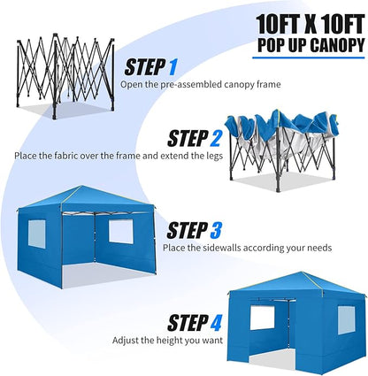 Alishebuy 10x10 Pop Up Canopy Tent with 4 Removable Sidewalls 2.0, Waterproof Commercial Instant Gazebo Tent Outdoor Canopy Tents for Party/Exhibition/Picnic with Carry Bag,4 Stakes & Ropes (Blue)