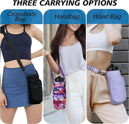 32 40 oz Water Bottle Carrier with Strap, Neoprene Water Bottle Sleeve Bag with 2 Pockets Insulated Flask Sling Holder for Walking Hiking Gym