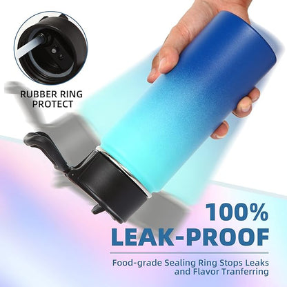 Volhoply 16 OZ Kids Water Bottle Bulk 4 Pack,Insulated Sports Bottles with Straw Lid,Stainless Steel Bottle with Handle Keep Cold & Hot,Double Wall Vacuum Tumbler Cups for School(Green Blue, 4)