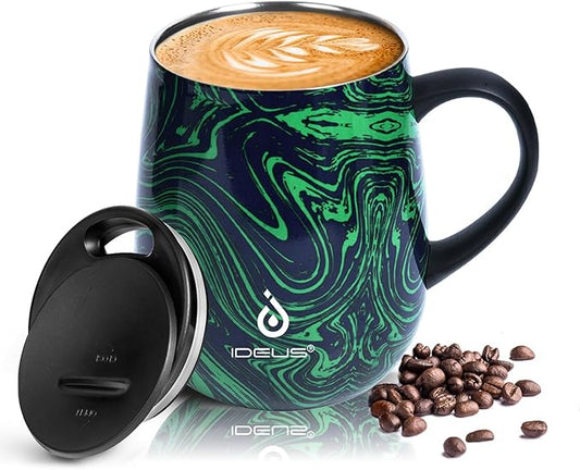 Ideus 16 oz (470 ml) Insulated Coffee Mug with Handle and Lid, Double Wall Stainless Steel Vacuum Thermal Coffee Mug, Travel Coffee Cup Thermal Cup for Home and Office (Green Zebra)