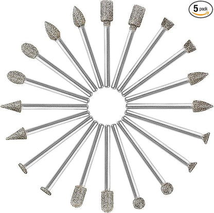 60 Grit 20Pcs Diamond Burr Set - GOXAWEE Rotary Grinding Burrs Engraving Bits Set with 1/8-inch Shank, Diamond-Coated Stone Carving Accessories Bit Universal Fitment for Rotary Tools