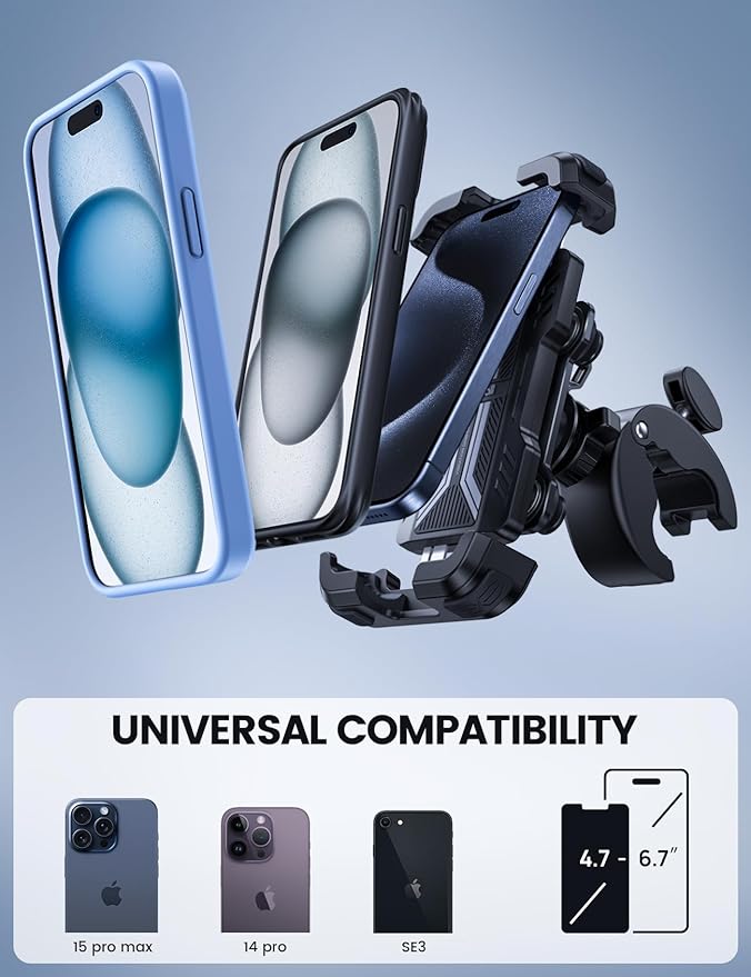 Lamicall Motorcycle Phone Mount Holder - [Dual Vibration Dampener] [Upgrade Handlebar Clip] Motorcycle Cell Phone Holder, Bike Phone Mount, Fit iPhone 16/15/14/13 Pro Max, 4.7-6.7" Phones, Black