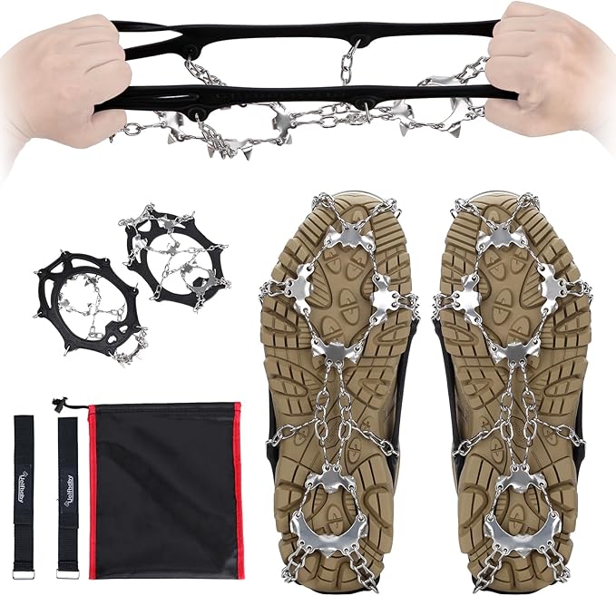 Crampons 19 Spikes with Stainless Steel Chain Ice Snow Grips Traction Cleats System Safe Protect for Walking, Jogging, Climbing, Hiking on Snow and Ice, Boots Chains for Women Men