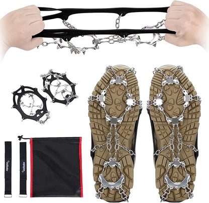 Crampons 19 Spikes with Stainless Steel Chain Ice Snow Grips Traction Cleats System Safe Protect for Walking, Jogging, Climbing, Hiking on Snow and Ice, Boots Chains for Women Men