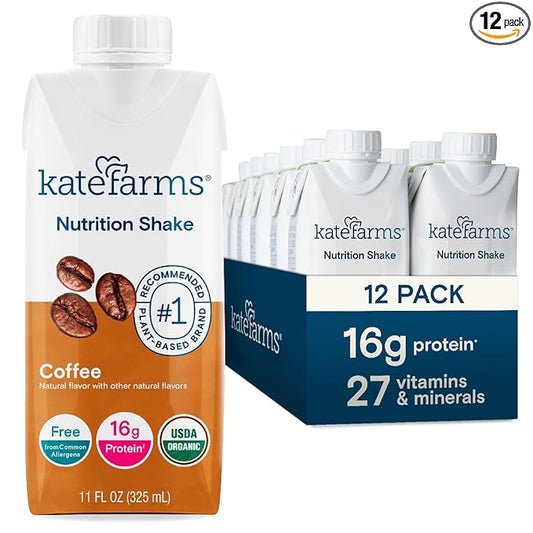 KATE FARMS Organic Nutrition Shake, Coffee, 16g protein, 27 Vitamins and Minerals, Protein Meal Replacement Drink, Protein Shake, 11 oz (12 Pack)