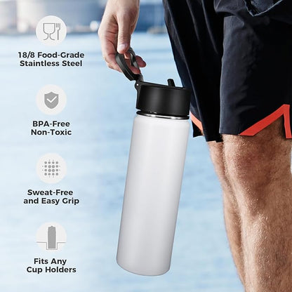 Neihepal 22 oz Insulated Water Bottles Bulk, Double Walled Vacuum Stainless Steel Water Bottle Multipack with Leak Proof Straw Lid for Men, Adults, Kids, Gym, Sports (White,4 Pack)